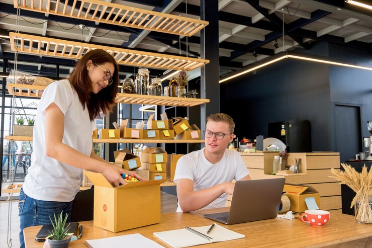 pessoas felizes, trabalhando com o laptop para o escritório de negócios de produto estoque de seleção on-line em casa