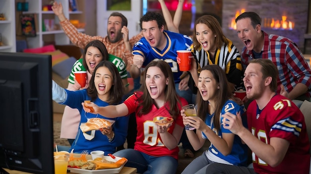 Pessoas gritando felizes vendo futebol em casa.