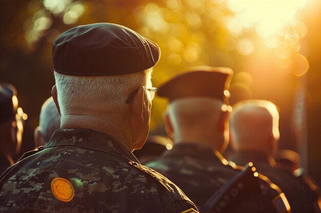 Foto pessoas honradas dia dos veteranos dia da memória soldados e vestuário militar de camuflagem