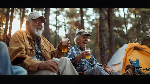 Pessoas idosas a acampar e a relaxar na natureza para uma aventura de viagem ou férias de verão juntas