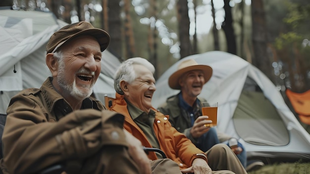 Pessoas idosas a acampar e a relaxar na natureza para uma aventura de viagem ou férias de verão juntas