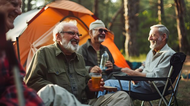 Foto pessoas idosas a acampar e a relaxar na natureza para uma aventura de viagem ou férias de verão juntas