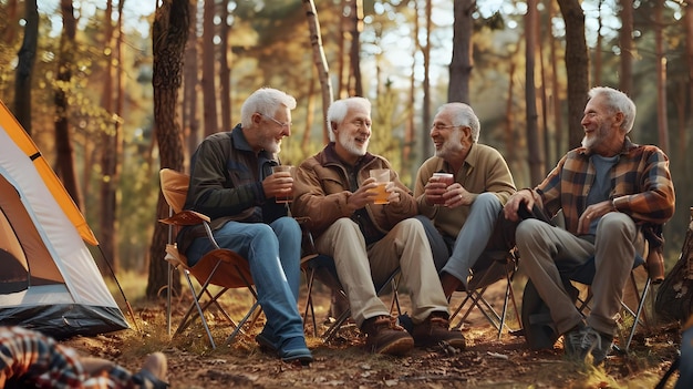 Pessoas idosas a acampar e a relaxar na natureza para uma aventura de viagem ou férias de verão juntas