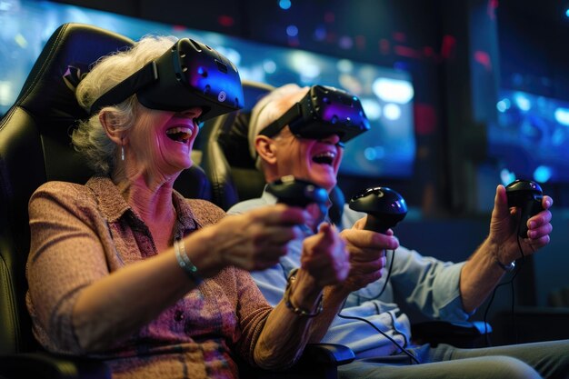 Pessoas idosas a jogar jogos de VR na sala de estar Pragma