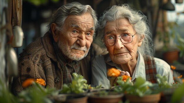 Foto pessoas idosas com plantas jovens