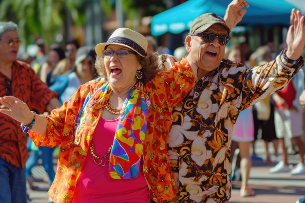 Foto pessoas idosas dançam na rua no festival de diversão pragma