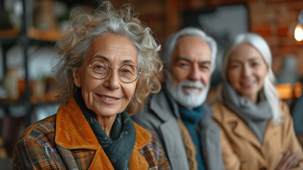 Pessoas idosas em um retrato alegre um médico examinando uma câmera discutindo saúde mental sorrindo amplamente e sentado em um lar de idosos coberto