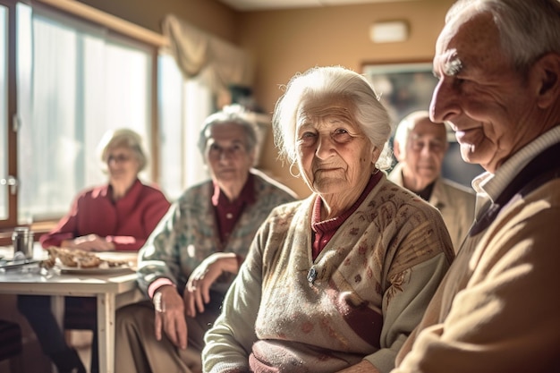 Pessoas idosas estão num lar sobrenatural. Cuidados para idosos.