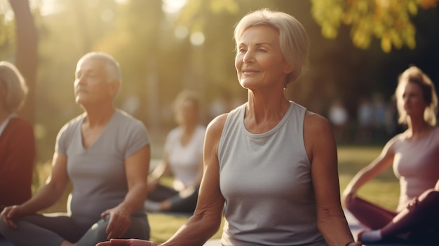 pessoas idosas praticando ioga no parque ao pôr do sol mulher idosa sentada em postura de lótus meditando