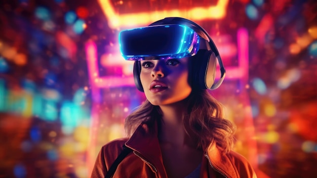 Pessoas inteligentes usando óculos VR enquanto entram no metaverso com cor de néon.