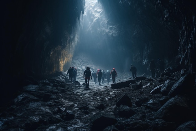 Pessoas irreconhecíveis caminhando em caverna subterrânea