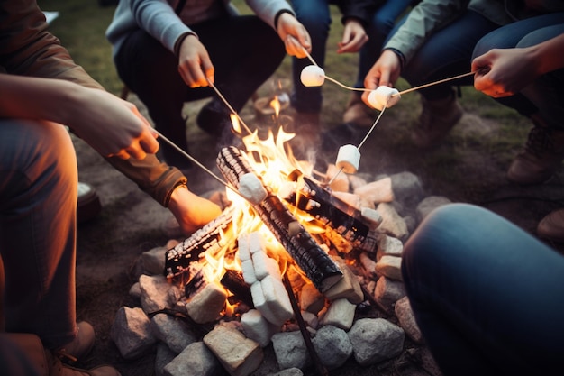 pessoas irreconhecíveis reunidas em torno de uma fogueira assando marshmallows e curtindo um acampamento