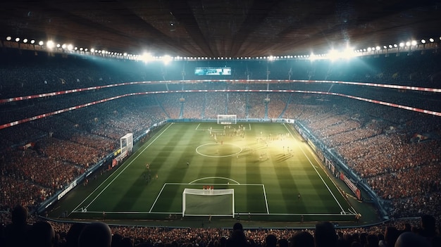 pessoas jogando futebol em vista cinematográfica de um grande estádio