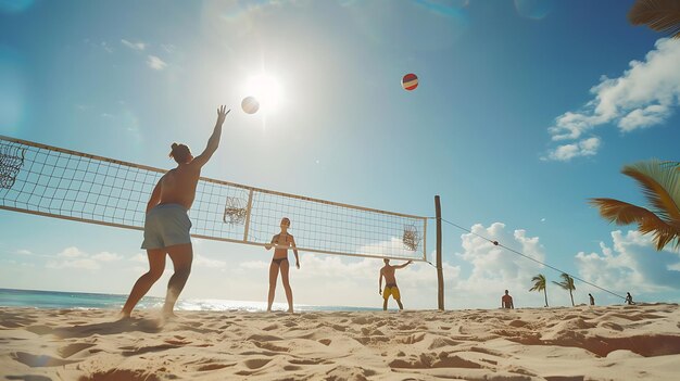 Pessoas jogando vôlei de praia Um grupo de amigos está jogando volley de praia em um dia ensolarado Eles estão todos vestindo trajes de banho e se divertindo