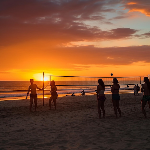 Imagem de pessoas jogando vôlei no fim de tarde.