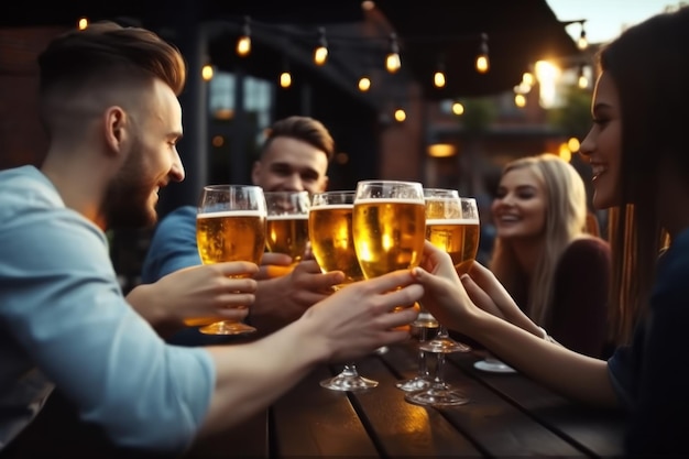 Pessoas levantando copos de cerveja no pub cervejaria amigos felizes animando happy hour no bar festa conceito de tempo de reunião social