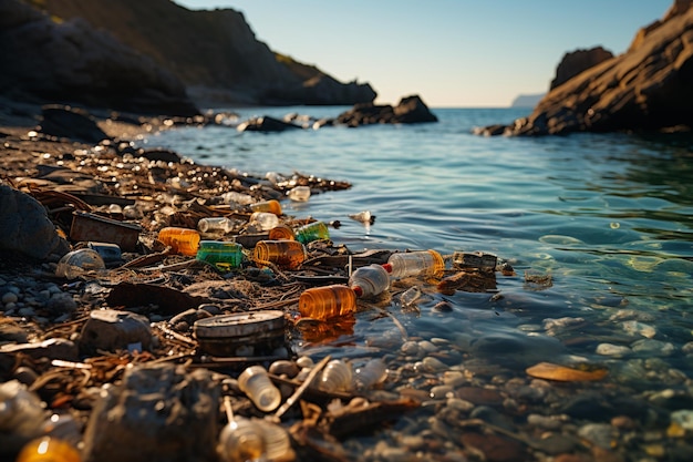 Pessoas limpando a praia do lixo plástico descartado