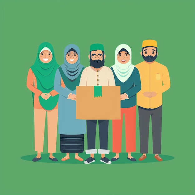 pessoas muçulmanas segurando caixas celebrando e vestindo verde