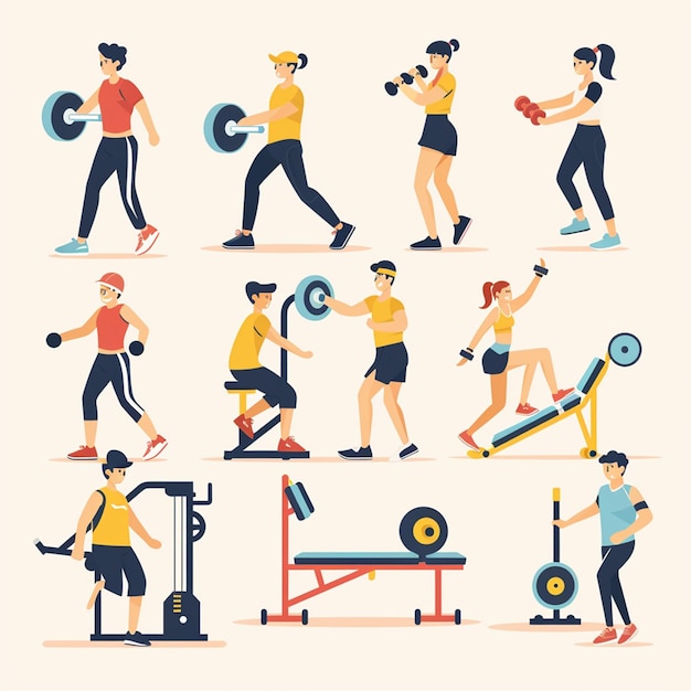 Pessoas na coleção vetorial de ginásio esportivo Exercício esportivo de fitness saudável Coleção de ilustrações vetoriais