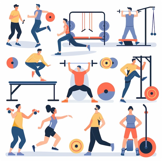 Pessoas na coleção vetorial de ginásio esportivo Exercício esportivo de fitness saudável Coleção de ilustrações vetoriais