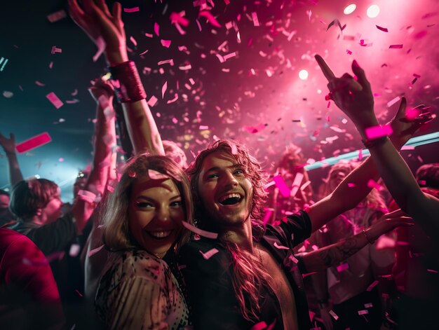 Foto pessoas na discoteca a desfrutar de uma festa numa discoteca de luz rosa de néon um grupo de amigos a dançar a desfregar