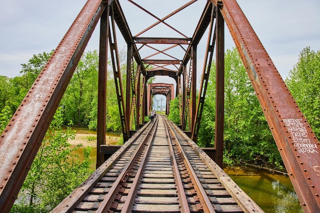 Pessoas na velha ponte ferroviária com trilhos de trem cortando árvores que levam à cidade