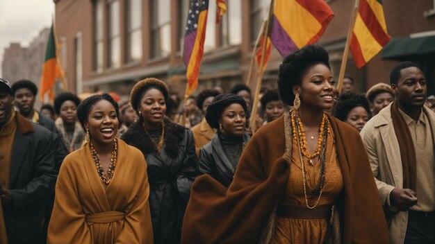 Pessoas negras nas ruas em marchas de protesto lutando pelo respeito