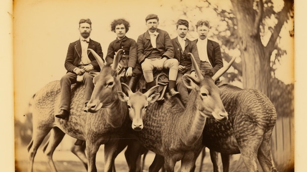 Foto pessoas no século 19 nas costas de animais selvagens estilo de cartão de foto de gabinete