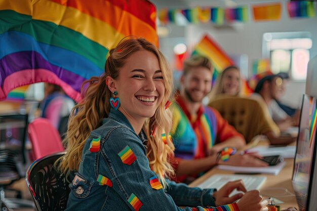 Pessoas no trabalho comemorando o Orgulho LGBT Generative AI