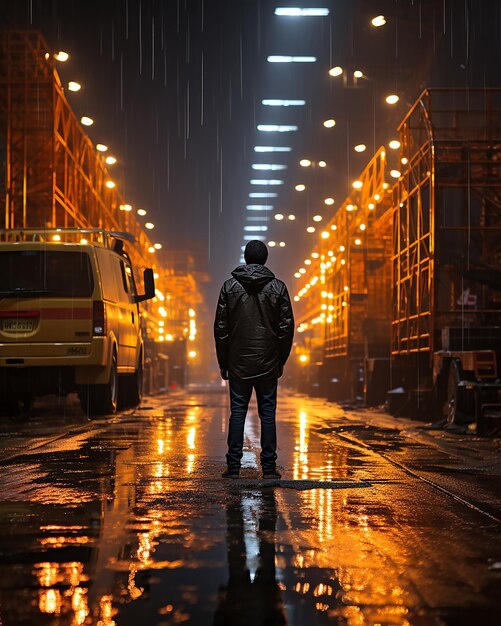 Foto pessoas paradas em uma cidade escura com muitos carros no estilo do realismo cyberpunk