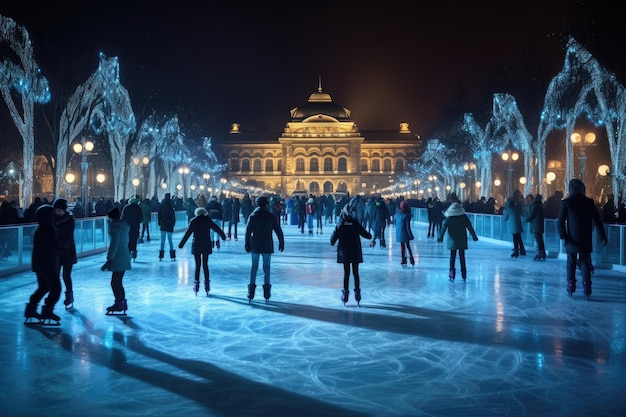 Foto pessoas patinam na pista de patinação na noite de inverno bela vista da pista de skating com luzes foto de alta qualidade
