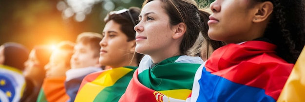 Pessoas patrióticas envoltas em bandeiras internacionais para mostrar unidade em tempos de crise política