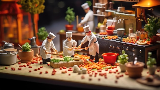 Foto pessoas pequenas fazem comida colher frutas e legumes