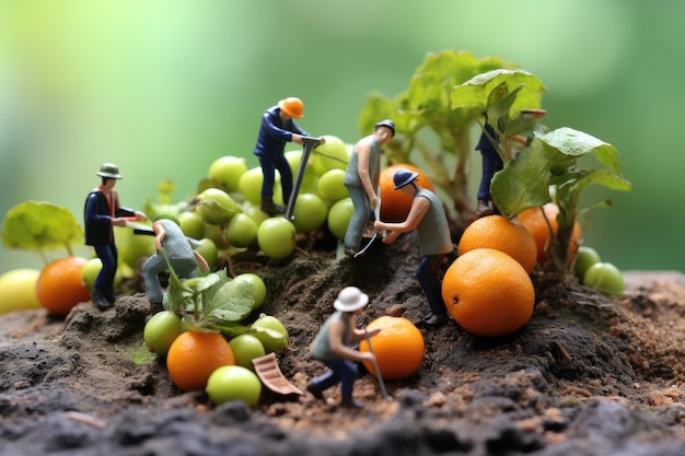 Foto pessoas pequenas fazem comida colher frutas e legumes