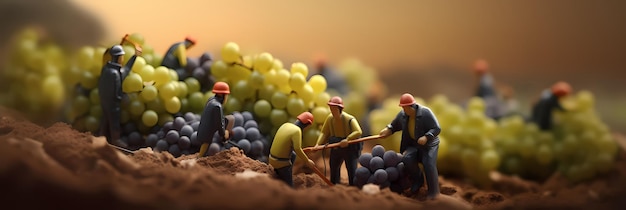 Foto pessoas pequenas trabalhando em frutas desfocar fundo em miniatura