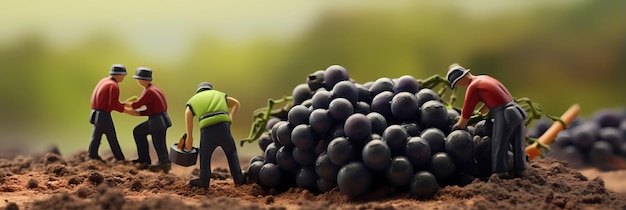 Pessoas pequenas trabalhando em frutas Desfocar fundo em miniatura