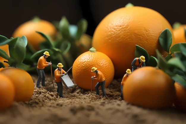 Pessoas pequenas trabalhando em frutas Desfocar fundo em miniatura