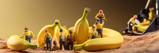 Pessoas pequenas trabalhando em frutas Desfocar fundo em miniatura
