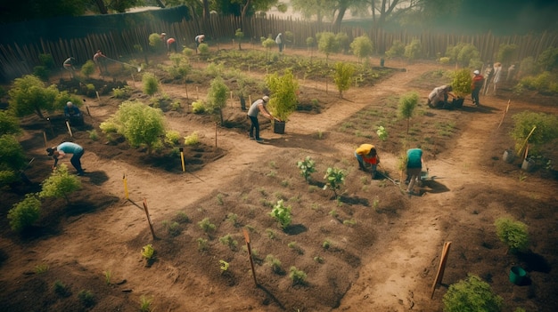 Pessoas plantando árvores ou trabalhando em hortas comunitárias, promovendo a produção local de alimentos e o conceito de restauração de habitat de Sustentabilidade e Envolvimento Comunitário Generative AI