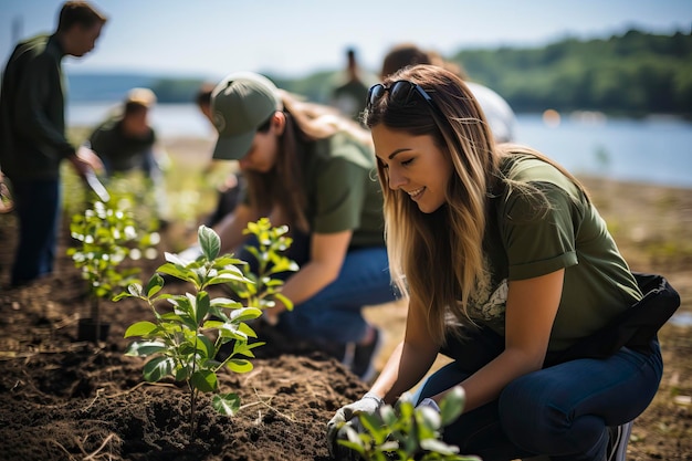 Pessoas plantando mudas no campo