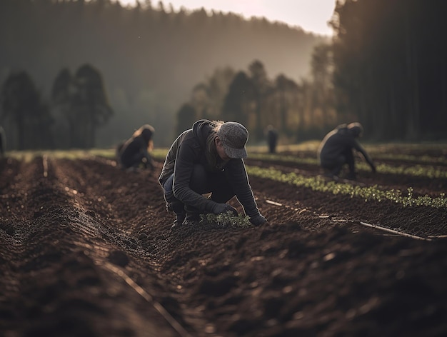 Foto pessoas plantando no campo à mão