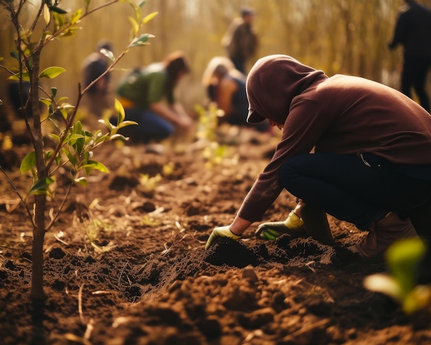 Foto pessoas plantando nova floresta processo de primavera de plantio de árvores