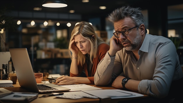 Pessoas preocupadas a trabalhar no escritório à noite.