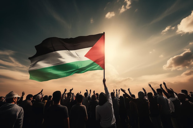 Pessoas protestam com a bandeira da Palestina Livre Israel e conceito de guerra da Palestina