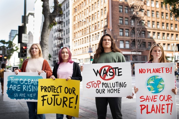 Pessoas protestando com cartaz na cidade para o dia mundial do meio ambiente