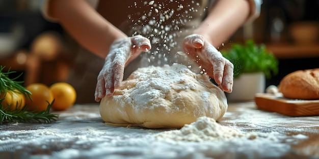 Foto pessoas que amassam à mão ingredientes que formam a massa para o processo de panificação conceito de panificação de pão fabricação de massa amassagem de cozinha preparação de alimentos