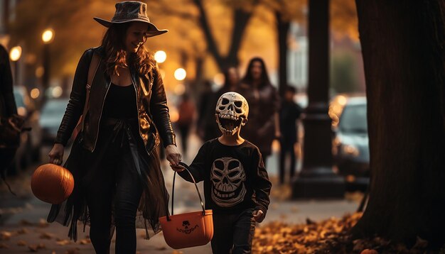 Pessoas que celebram o Halloween na família do bairro