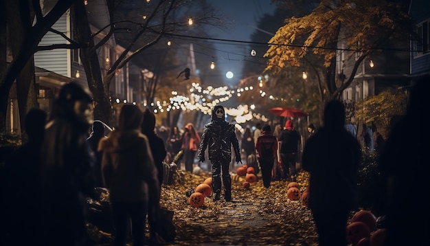 Pessoas que celebram o Halloween na família do bairro