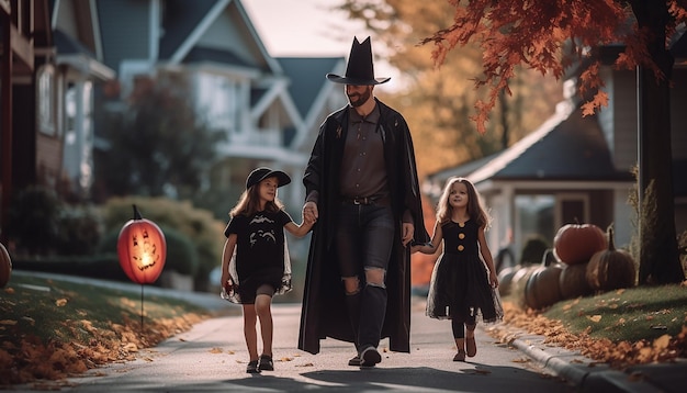 Pessoas que celebram o Halloween na família do bairro