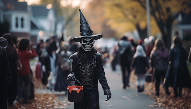 Pessoas que celebram o Halloween na família do bairro